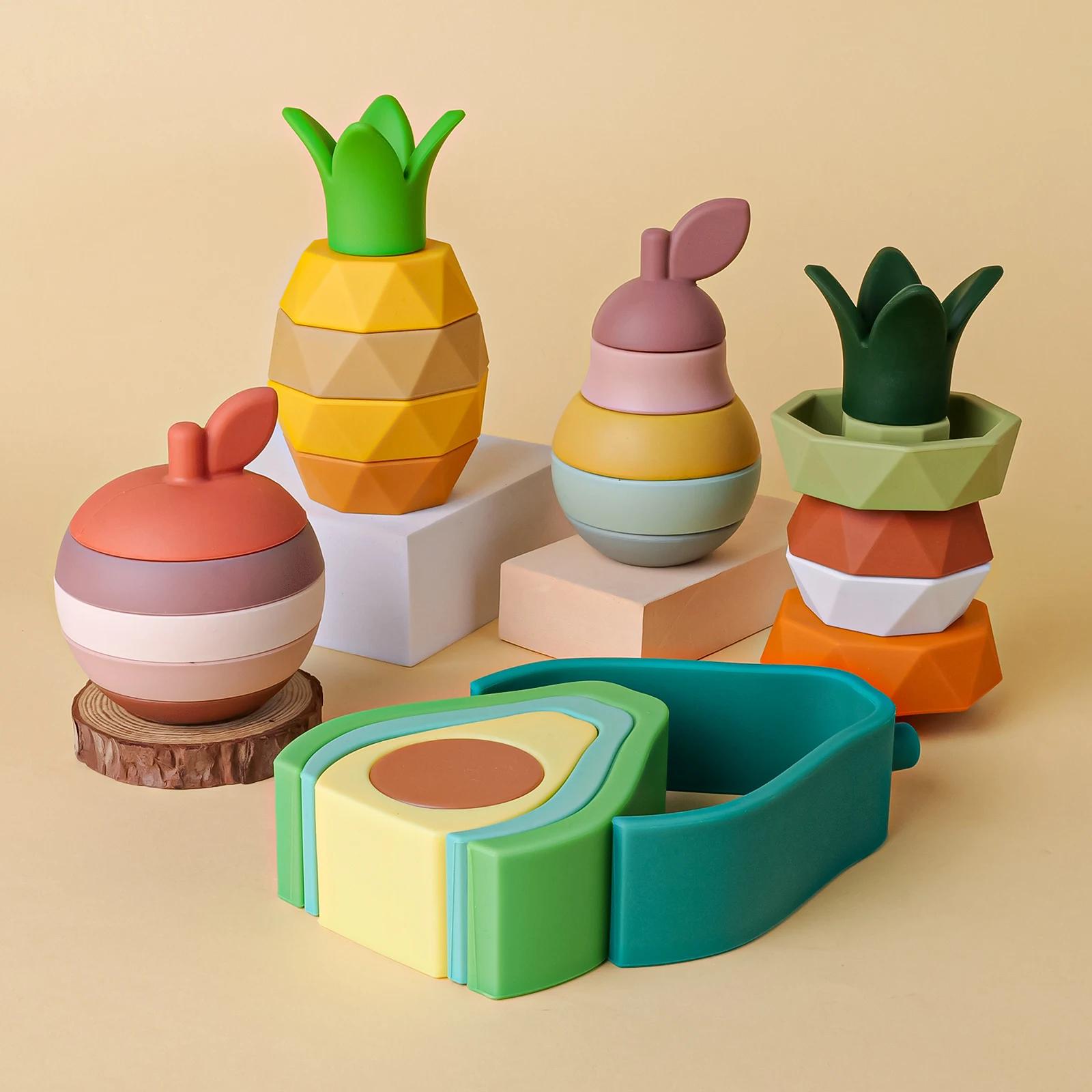 

1Set Soft Building Blocks Silicone Stacking Blocks Baby Toys Apple Pineapple Avocado Pear Silicone Building Toys Montessori Toys