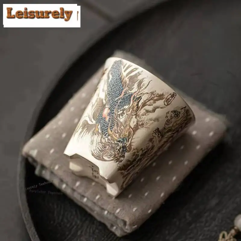 HOYIHM 50ml Boutique Silver Plated Four Sacred Beasts Ceramic Teacup Master Handmade Meditation Cup Small Smelling Fragrant Mug