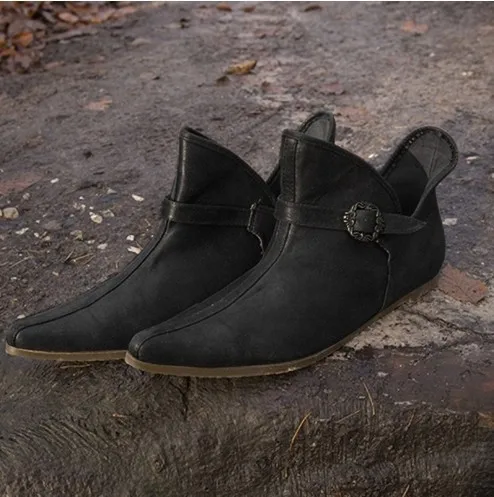 Botas medievales renacentistas de cuero con hebilla marrón para hombre, caballero vikingo, Príncipe, Vintage, zapatos planos cortos, disfraz de pirata para Cosplay para mujer