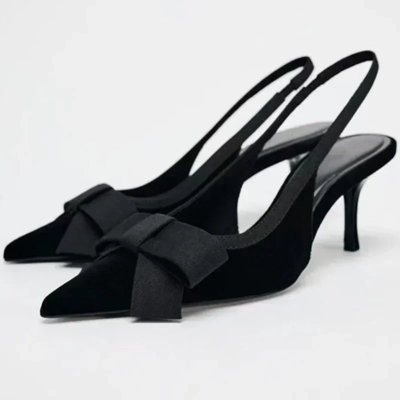 Black Velvet Butterfly-knot Designer Heeled Sandals Women Sexy Pointed Toe Slingbacks Women Pumps Elegant Party Dress High Heels