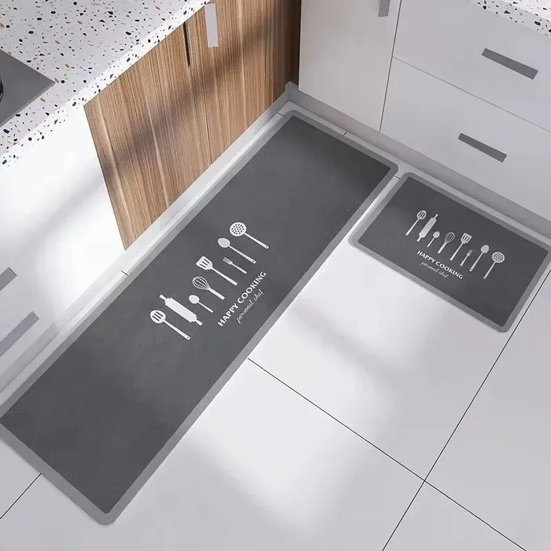 Japanese Style Kitchen Mat  Happy Cooking Kitchen Utensil Print Non Slip Waterproof Oilproof Kitchen Floor Rug Easy To Clean