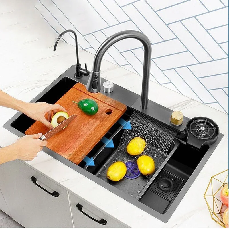 Factory Direct 2026 High Quality  Nanometer 304 Stainless Steel Waterfall Kitchen Sink 3MM Thickness Large Single Slot Above Mou