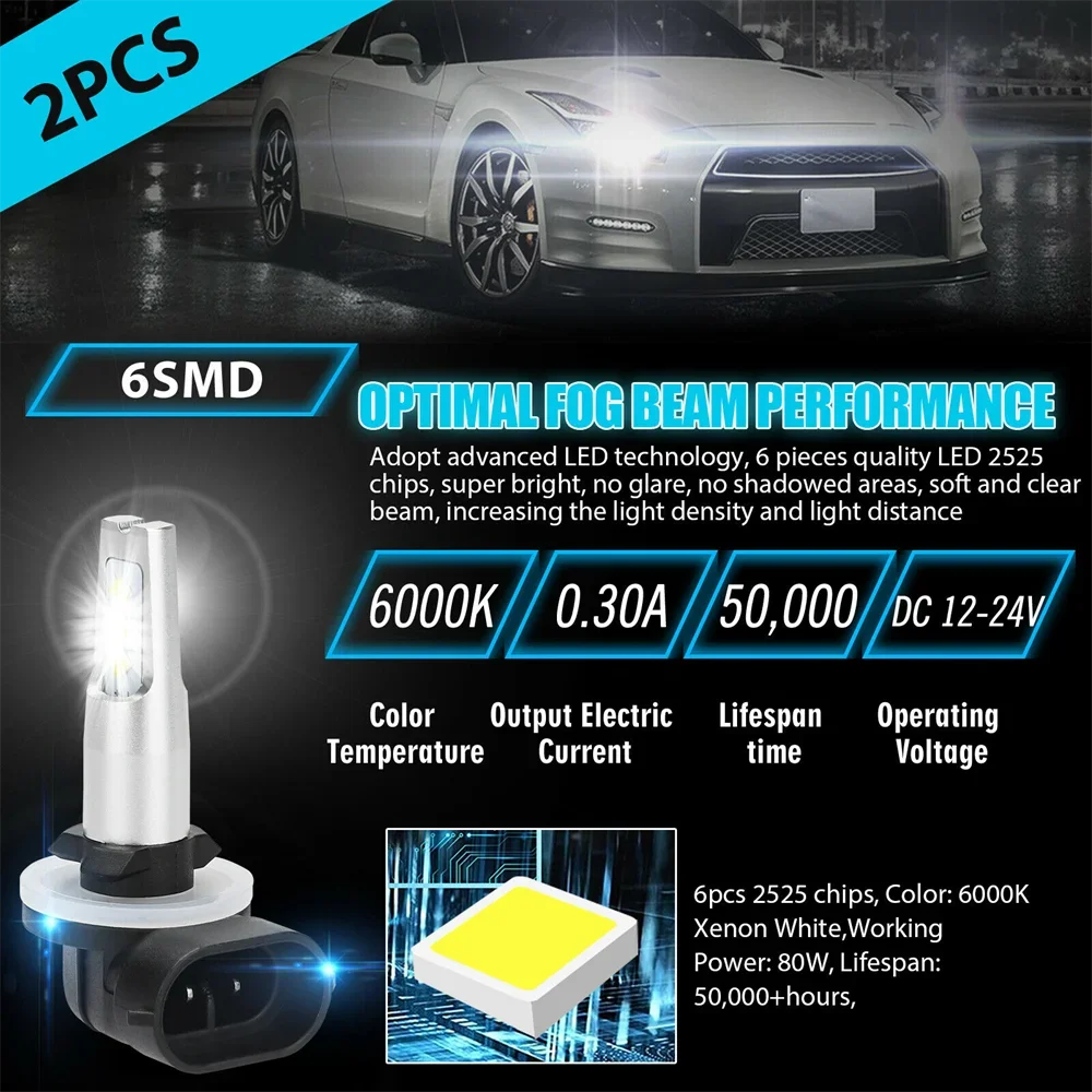 2PC H27 880 881 LED Fog Driving Light Bulbs DRL 6000K Super White Headlight Bulbs Kit Fog Driving Light lamp