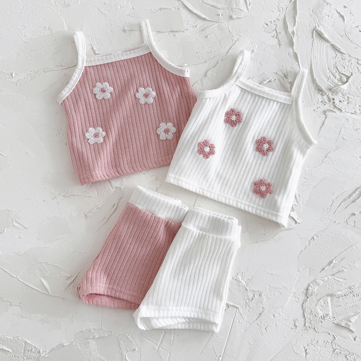 Summer Baby Clothing Pink Flower Patch Camisole Top Loose Solid Color Casual Shorts Sweet Baby Set