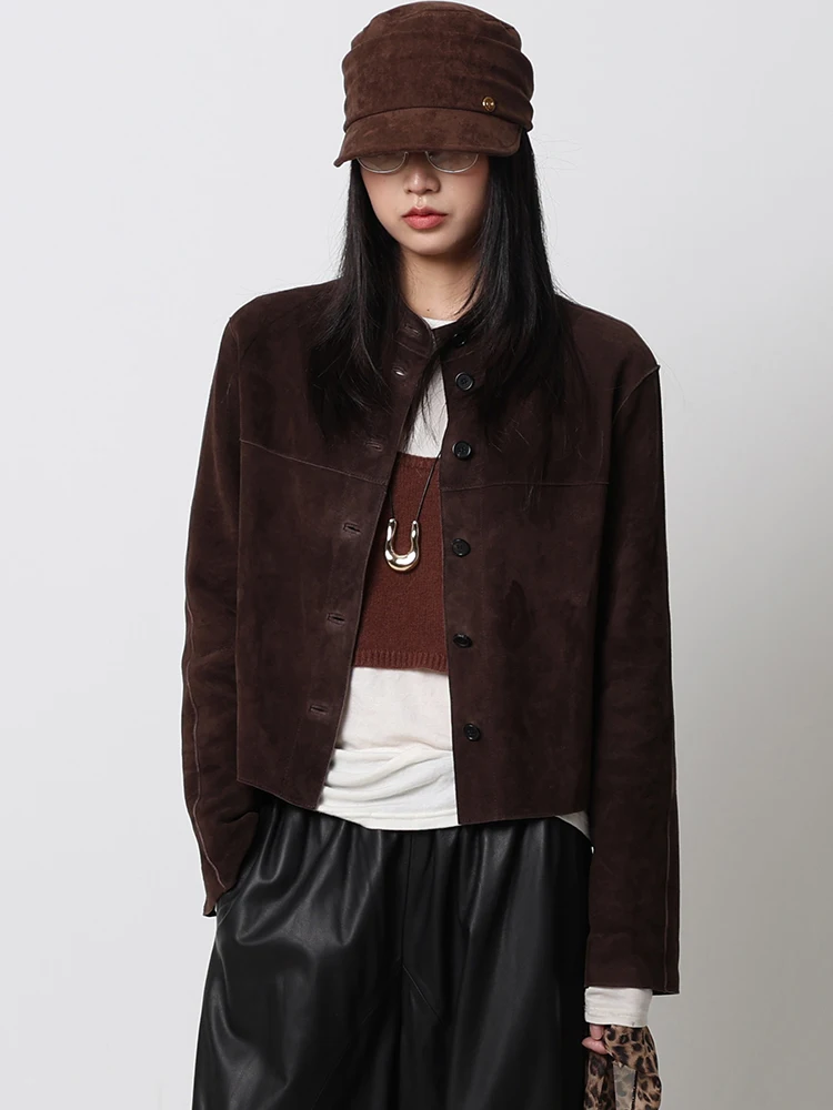 

Genuine Leather Jackets for Women Spring Autumn High-end Simple Classic Stand Collar Slim Cropped Real Sheepskin Suede Coat