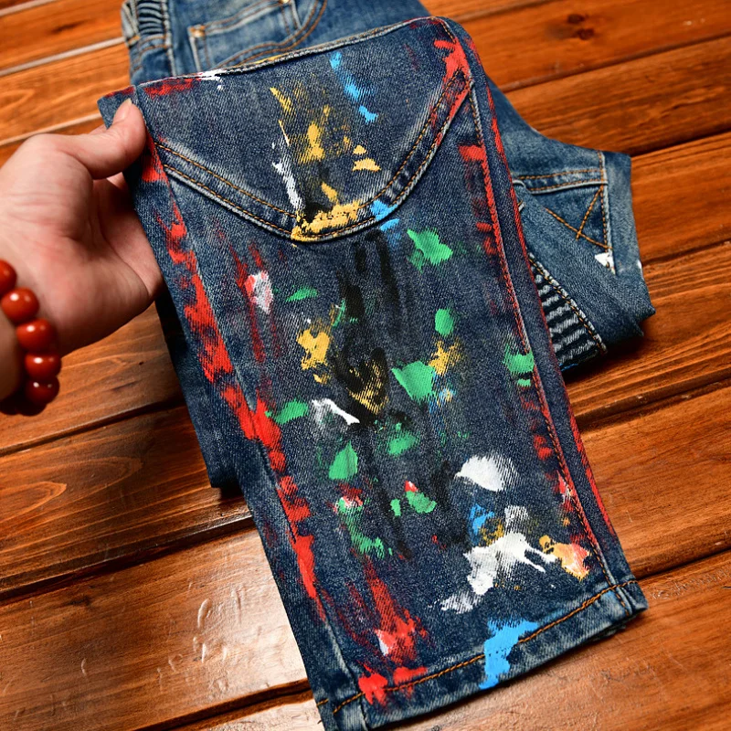 

Мотоциклетные джинсы с принтом краски, новые мужские осенние и зимние маленькие трендовые эластичные мужские брюки в стиле ретро