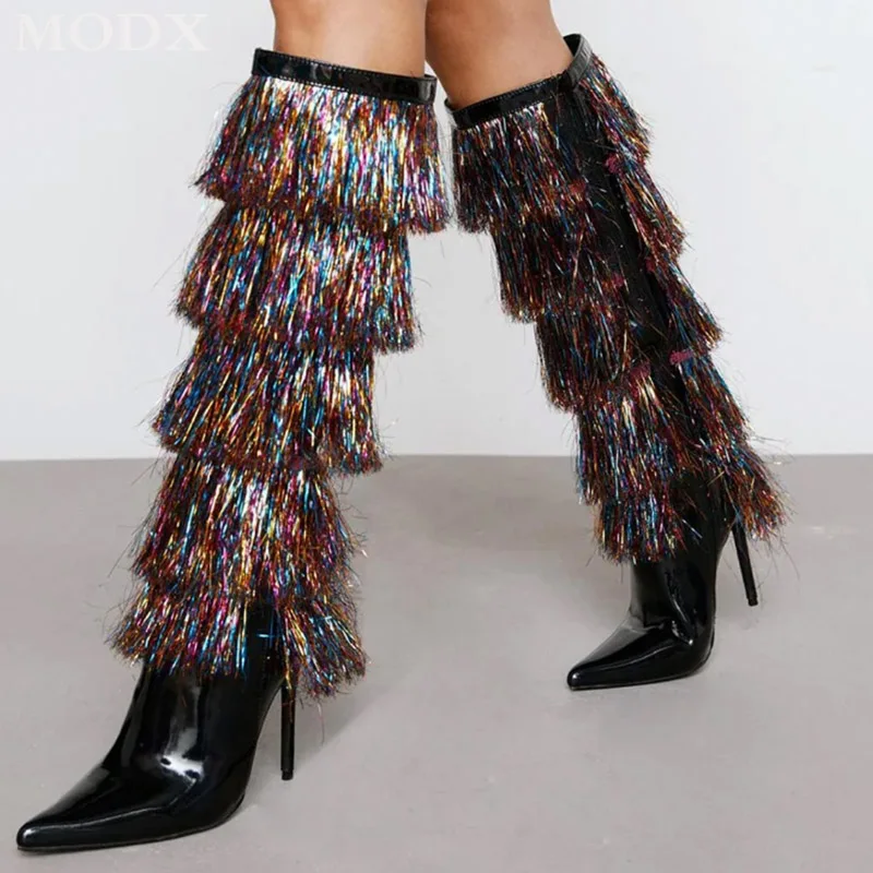 

Multicolor Patent Leather Knee High Boots Fashion Mixed Color Tassel Pointy Toe Stiletto Heels 10CM 12CM Stage Catwalk Shoes