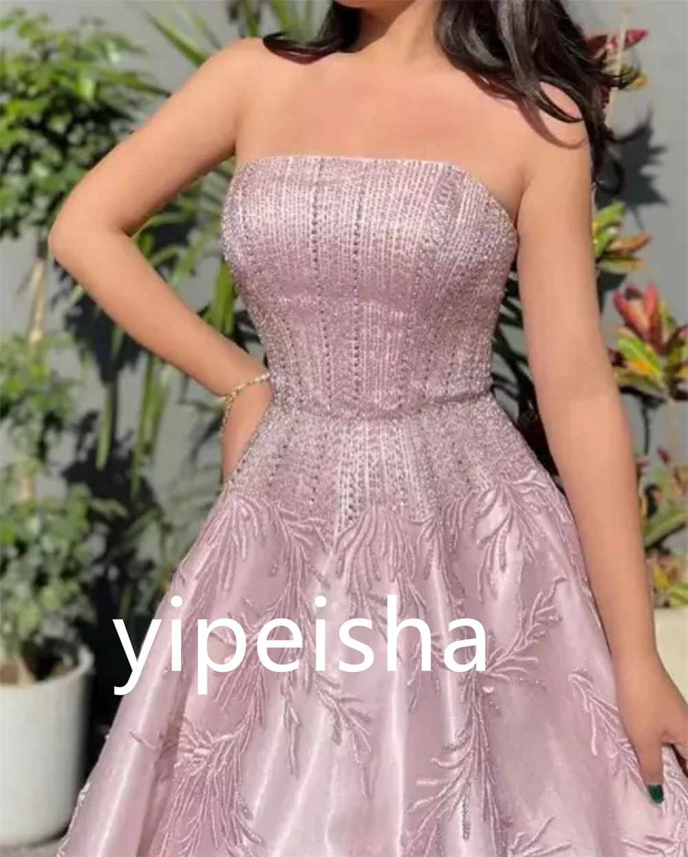 Customized Sparkle Women Strapless Ball Gown Party Dress Beading Embroidery Floor Length Satin Evening Casual