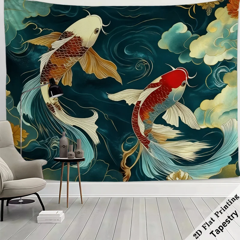 Luxury Koi Fish Tapestry Wall Hanging Japanese Oriental Decor Watercolor Asian Art Abstract Pond Scene Wall Scroll Large Modern