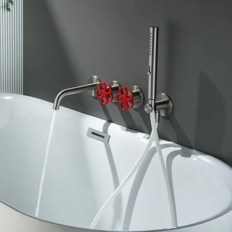 Brushed nickel silver concealed all-copper bathtub faucet Embedded wall-mounted small safflower hot  cold cylinder side faucet