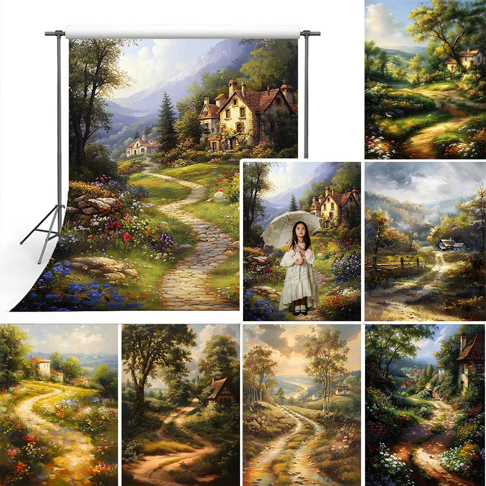 Mocsicka Natural Village Road Photography Backdrop Retro House Oil Painting Texture Backdrop Maternity Baby Show Art PhotoStudio