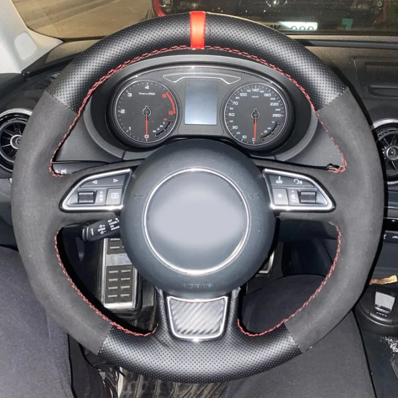 

For Audi A1 8X A3 8V A4 B8 A5 8T A6 C7 A7 A8 D4 Q3 8U Q5 8R Hand Braid Car Steering Wheel Cover Black Leather red line