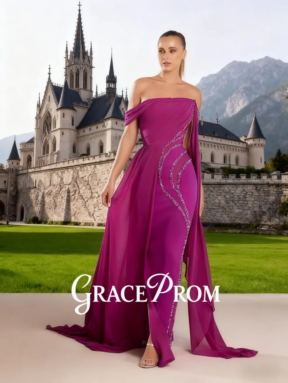 

Glamorous Fuchsia Off-Shoulder Beaded Evening Gown With Asymmetric Drape And Sheer Panel Detail Floor-Length Party Dress