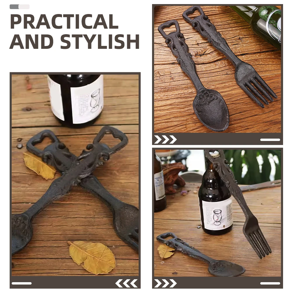 

2Pcs Vintage Cast Iron Bottle Opener Fork Spoon Wall Mounted Beer Opener for Bar Kitchen Party Manual Beer Bottle Lid Remover