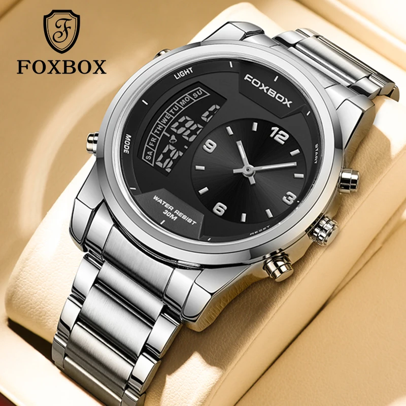 

FOXBOX Brand Luxury Men Wrist Watch Relogio Masculino Business Stainless Steel Band Watch For Male Clock Men Dual Display Watch