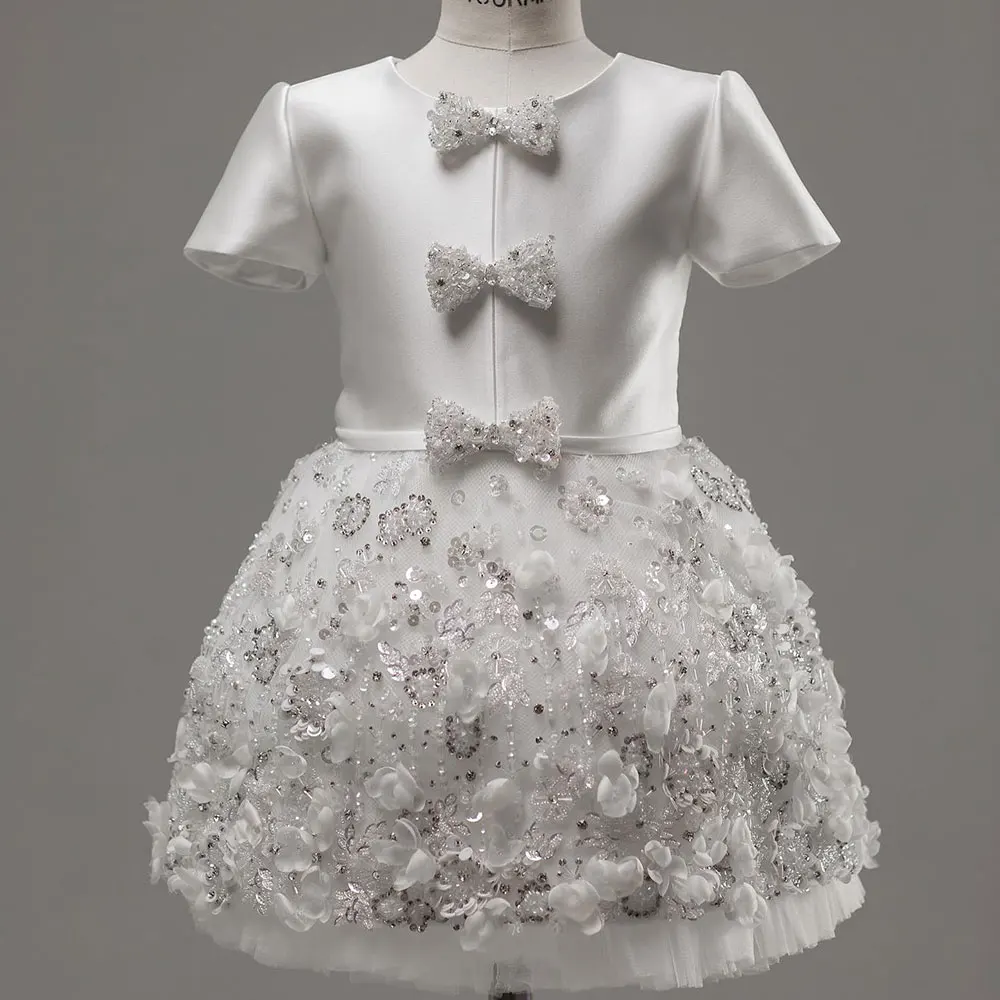 

Роскошное арабское белое платье для девочек с бантом и цветами ручной работы с перчатками, детское платье принцессы на свадьбу, день рождения, 2025 J357