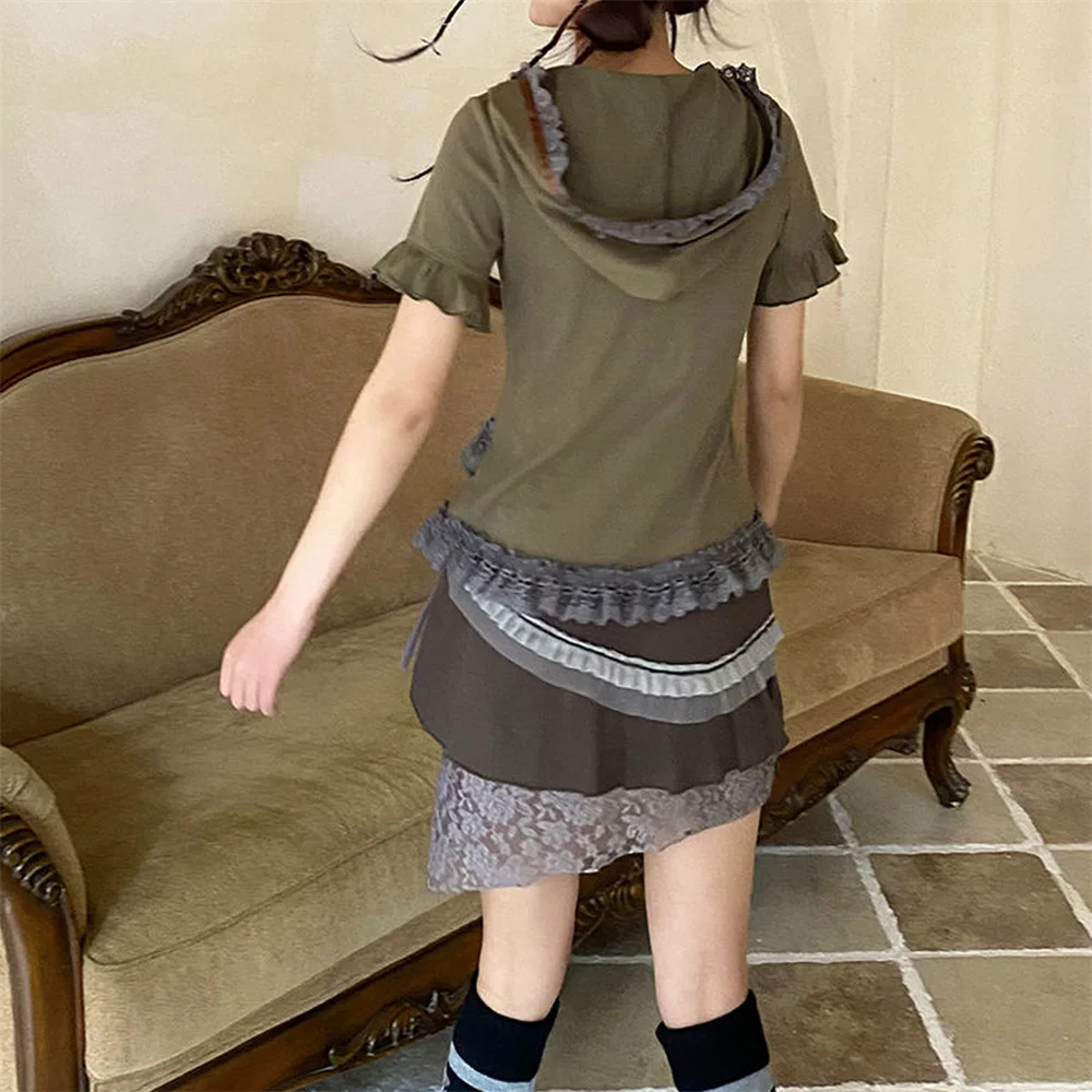 Maglietta casual con cappuccio stile Wasteland sottoltura Y2k grigio scuro 2025 Maglietta Kawaii vintage anni 2000 con patchwork di pizzo dolce ragazza morbida