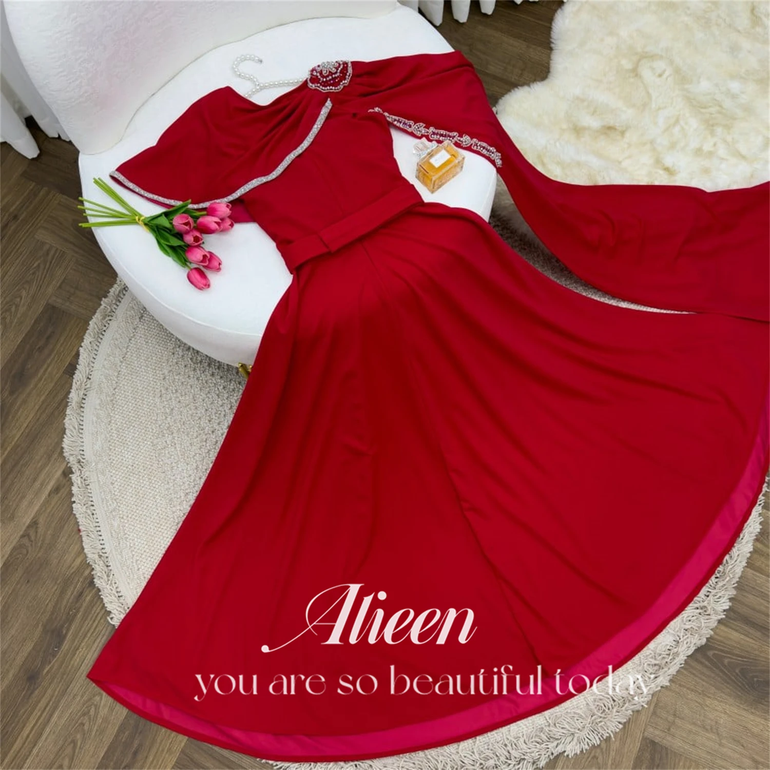 Red Shawl A-line Beaded Party Dresses Woman Chic and Elegant Evening Dress Cocktail Saudi Quinceanera Prom Weddings Customized