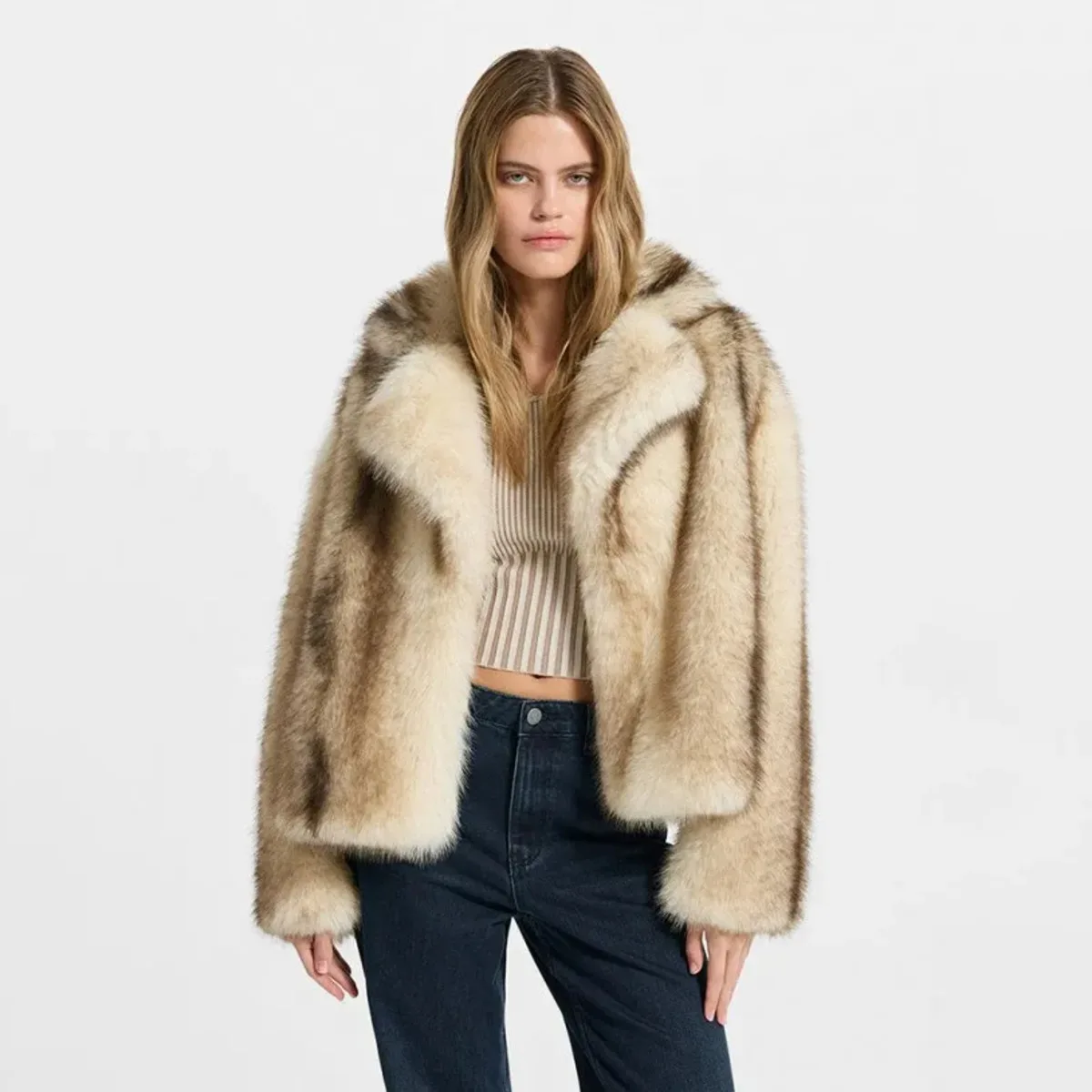 BJTZ سترة نسائية جديدة فاخرة مخططة من الفرو الصناعي لشتاء 2025 معطف سميك دافئ من القطيفة أنيق وبسيط غير رسمي مريح ممتاز #3