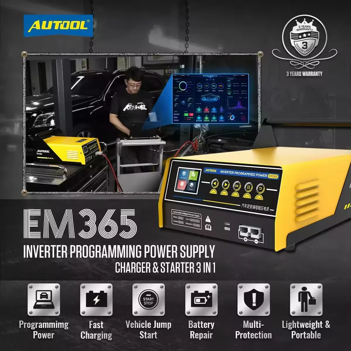 AUTOOL EM365 150A Inverter Programming Power Supply & 12V Battey Charger & Car Jump Starter Regulator Voltage Transformer