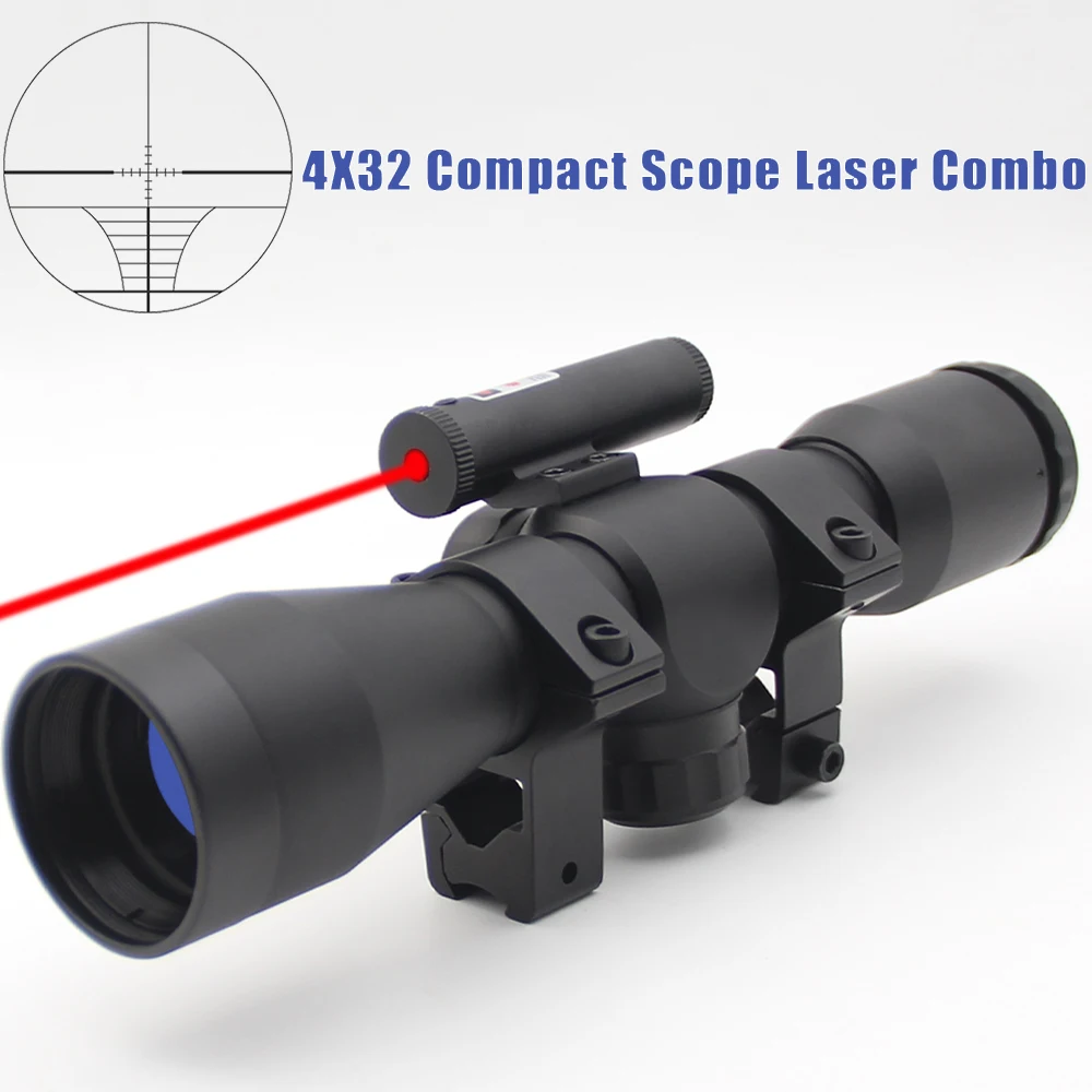 4x32 Compact Rifle Scope Laser Combo Tactical Optical Sights Hunting Riflescope Rangefinder Reticle for 11/20mm Rail Mount