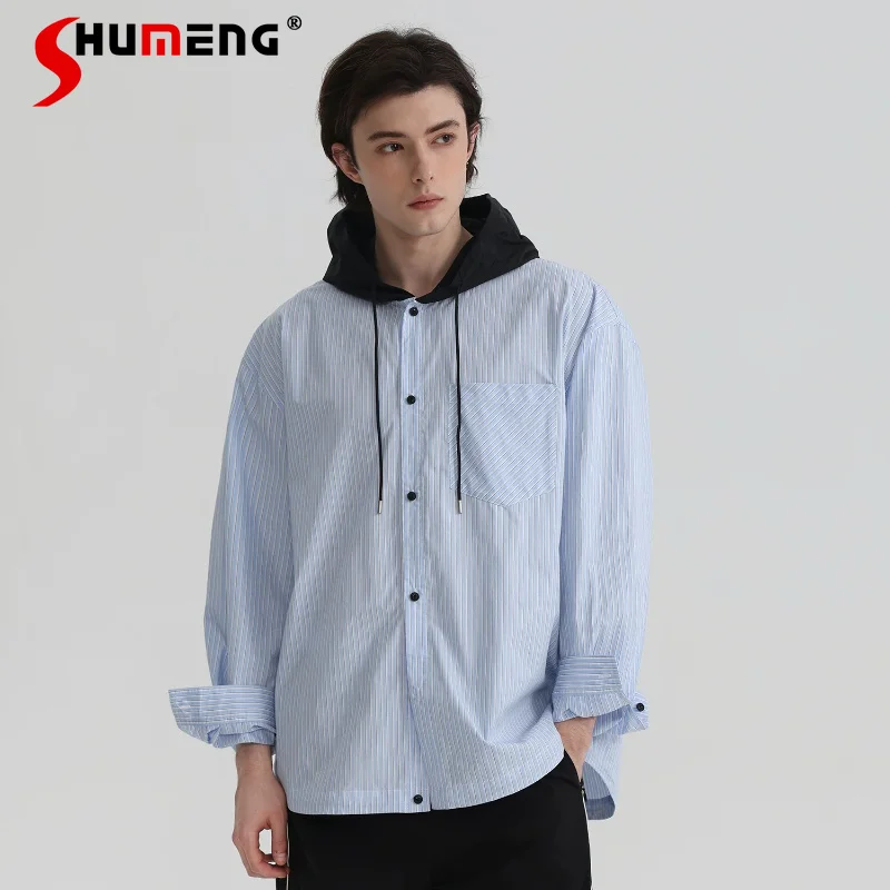

2026 Men's Spring New Fashion Hooded Striped Shirts Cotton Loose Comfort Long Sleeve Shirts Male Handsome Color Matching Tops