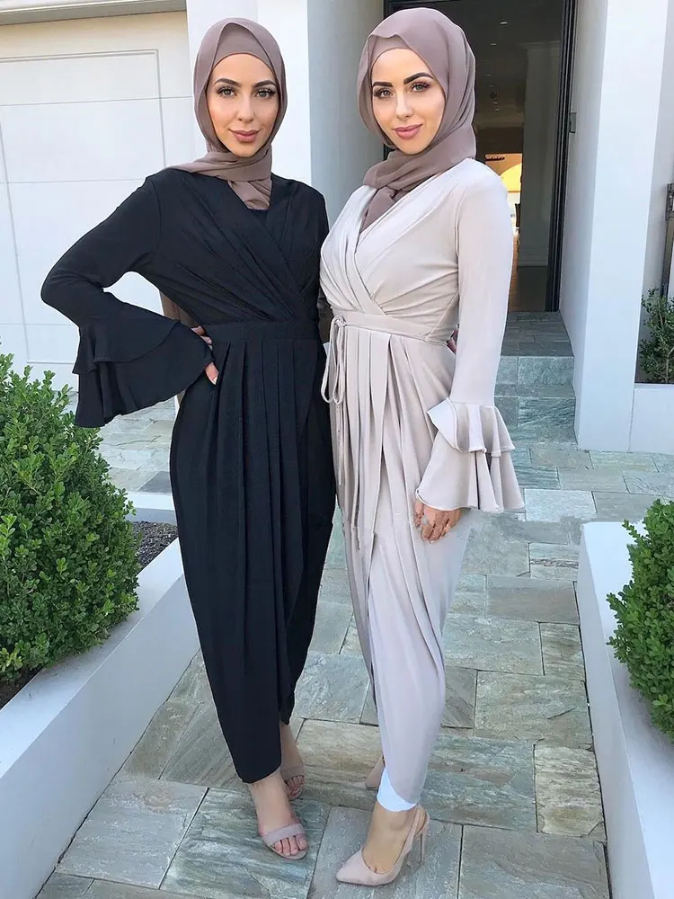 Wrap Front Long Dress Abaya Muslim Women Fashion Flare Sleeve Pleated Front Slit Party Dresses Islamic Arabic Turkey Clothes