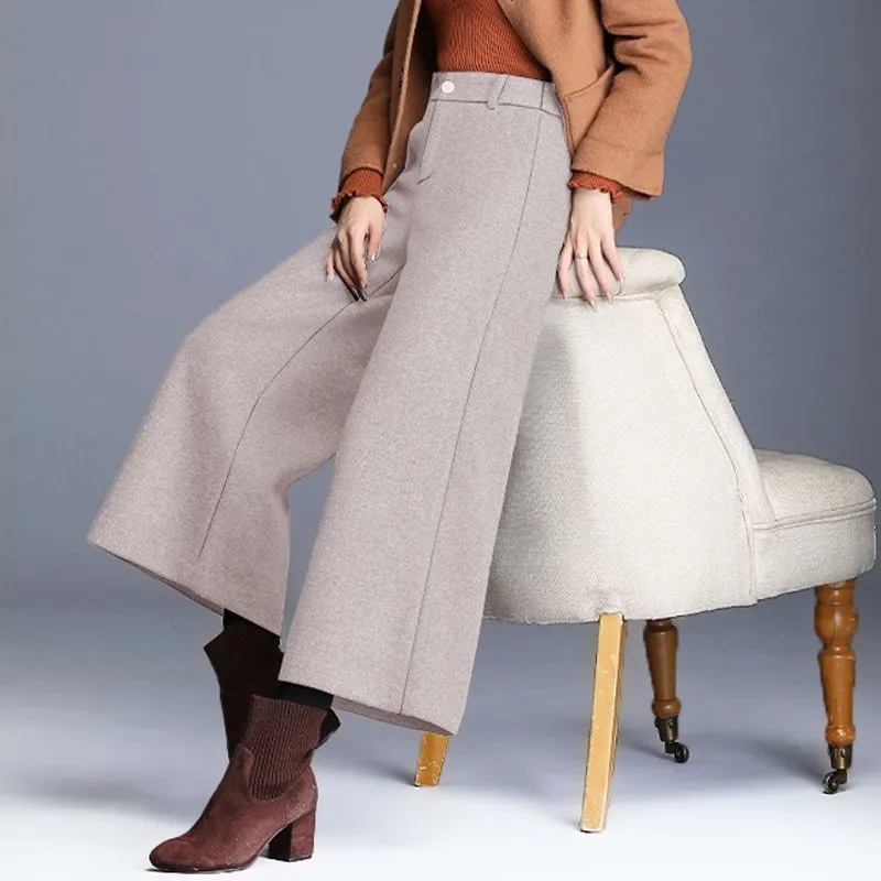 秋冬新作 ウール素材 ワイドレッグ ハイウエスト 九分丈 カジュアルパンツ スリムストレートパンツ レディース