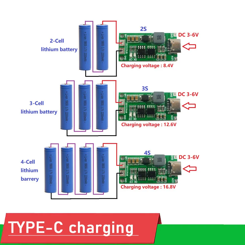 

2S 3S 4S DC 3-6V To 8.4V 12.6V 16.8V Boost LiPo Polymer Li-Ion Charger 7.4V 11.1V 14.8V 18650 Lithium Battery TYPE-C charging