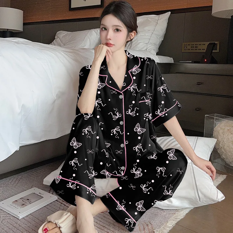 French Bowknot Polka Dot Ice Silk Pajamas for Women Summer 2026 New Style Home Wear Short-Sleeved Shirt and Long Pants Outdoor