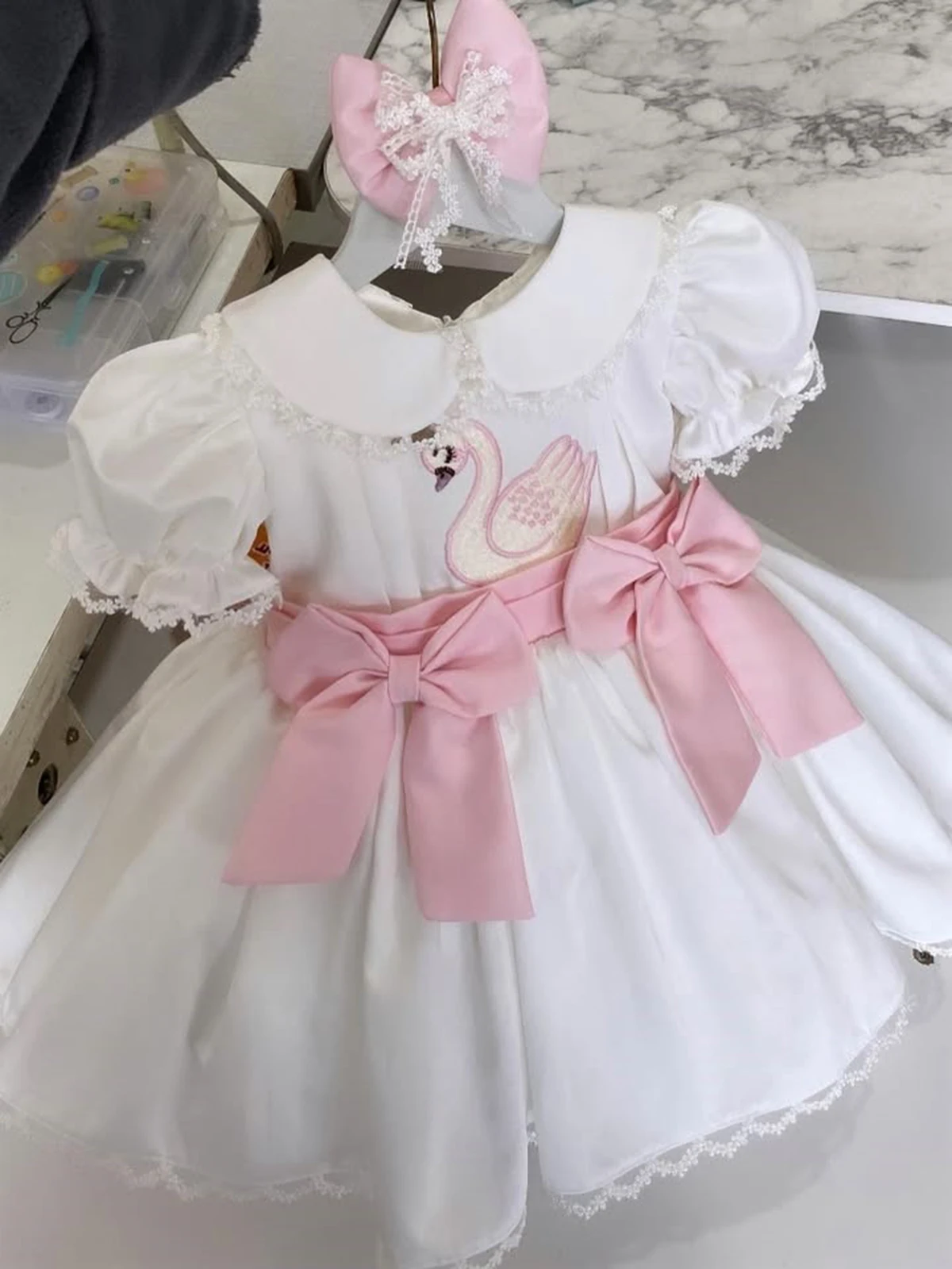 

Summer Girls Pink Bow Swan Embroidered White Dress For Casual Party Birthday Wedding Photography