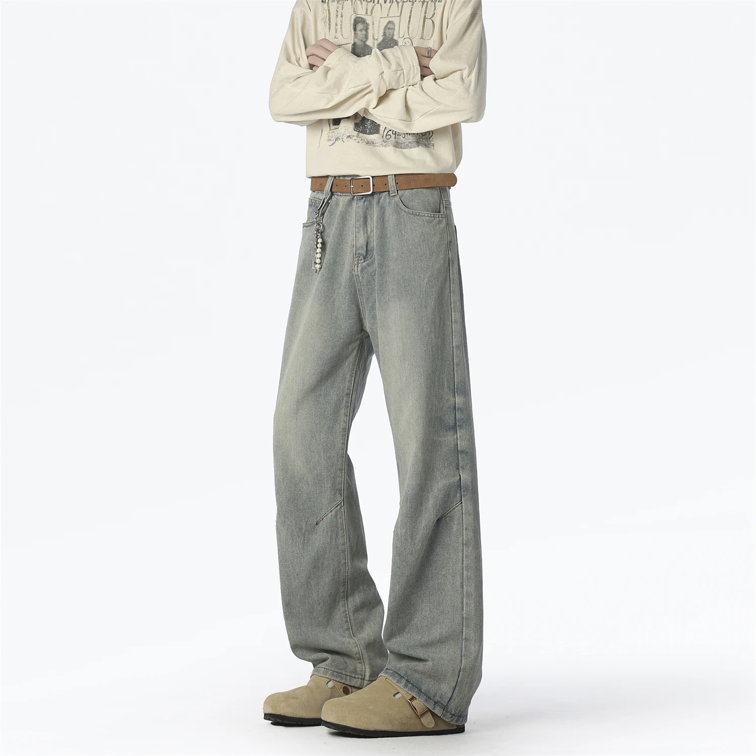 

LAPPSTER New Streetwear Loose Jeans Men Korean Style Fashion Straight Wide Leg Pants Man Casual Clothing Light Blue Denim Pants