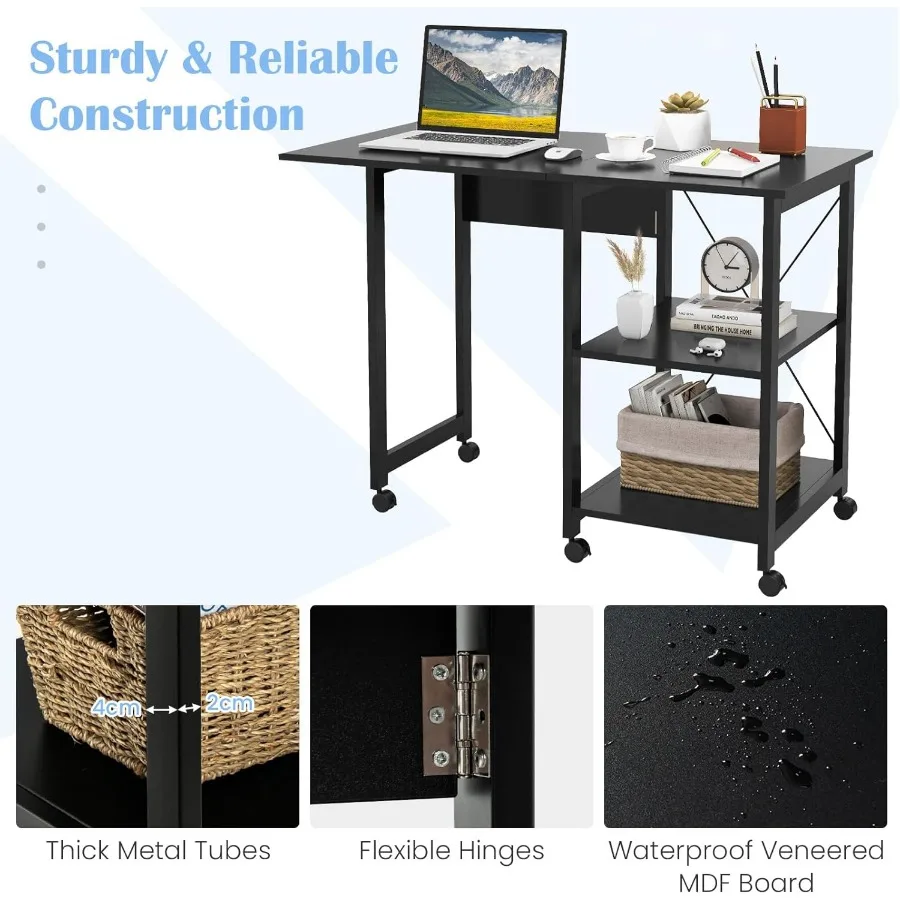 مكتب كمبيوتر قابل للطي بتصميم عصري وأرفف تخزين من طبقتين، محطة عمل محمولة مدمجة للاستخدام المنزلي والمكاتب #6