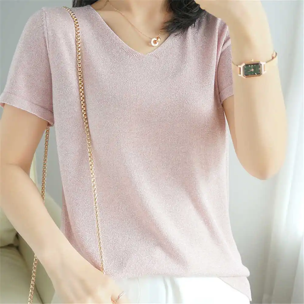 Ailaile Summer Tops New Ice Silk Short Sleeve Sweaters T-shirt Women\'s Loose V-Neck Thin Simple Bright Sequin Knitted Pullover