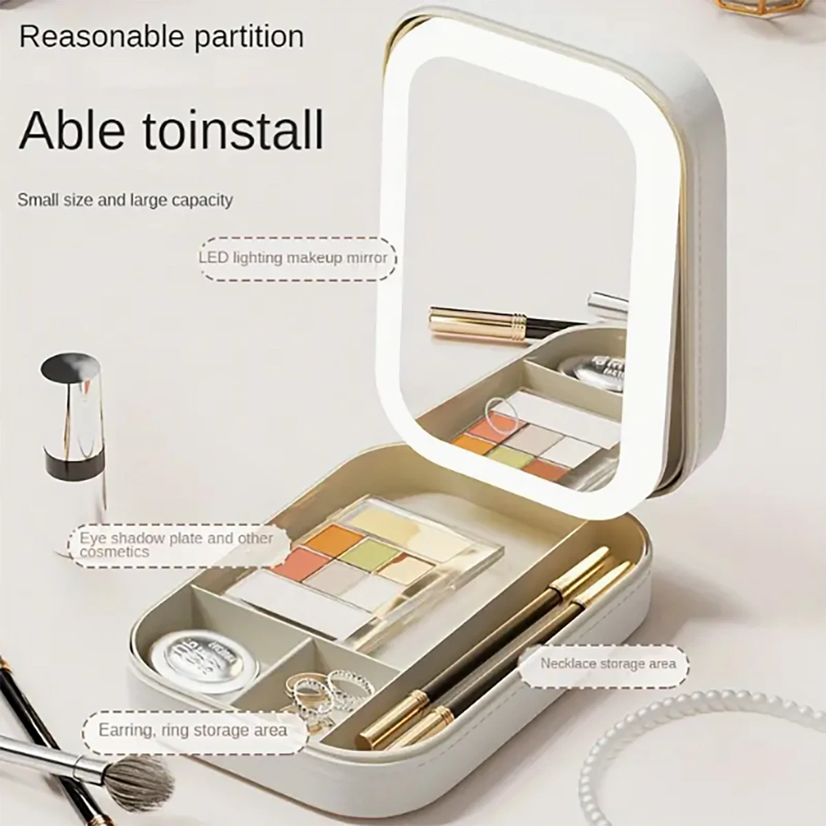 1PC Adjustable separated cosmetic case with built-in mirror, portable cosmetic storage bag and beauty tool accessory box. image 5