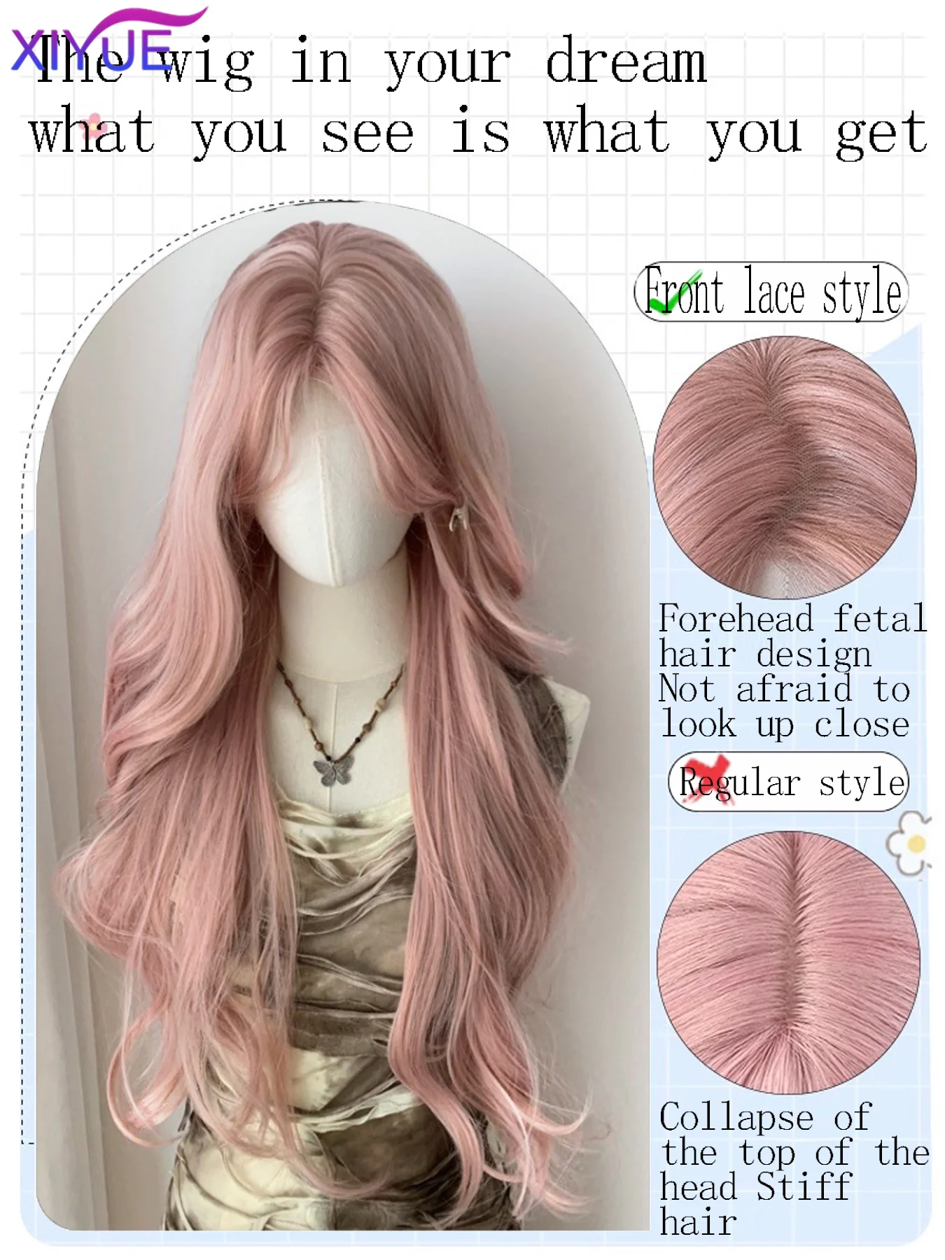 XIYUE  Light Pink Synthetic Hair Wigs Long Wavy Natural Hair Wigs with Bangs for Women Cosplay Lolita Wig Heat Resistant