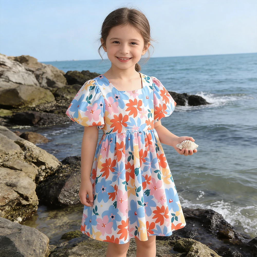 

Fashion Korean Children Flower Printed Summer Dress Girls Puffy Short Sleeve Vacation Dress Beach Casual Dress Kids Girl Clothes