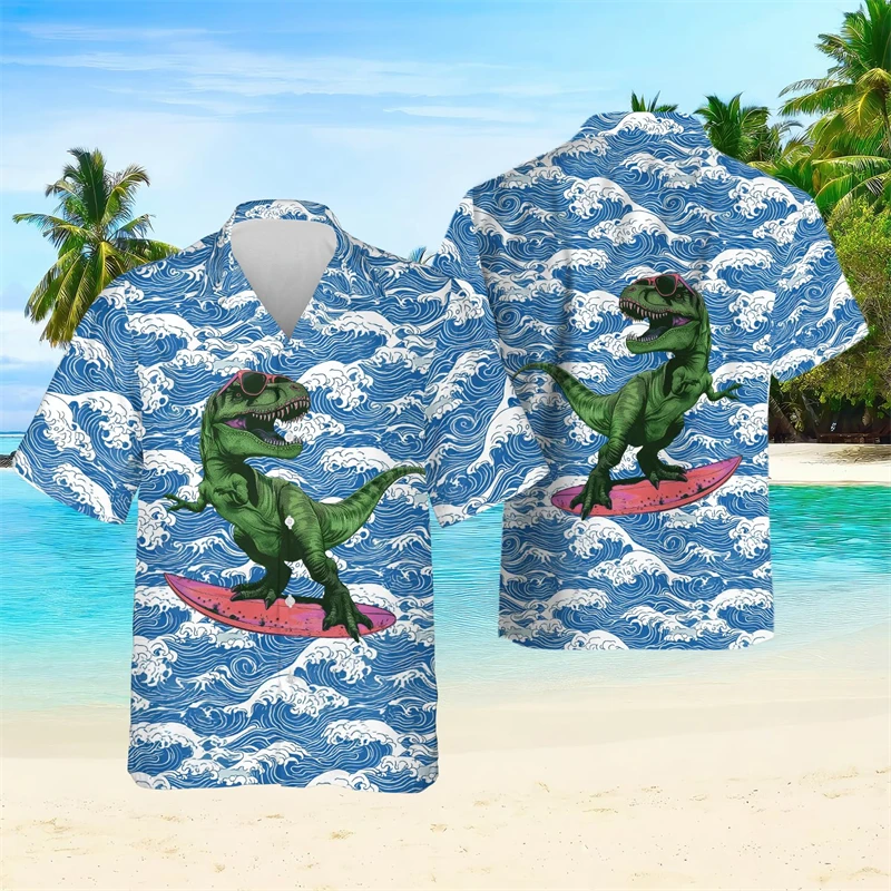 

Cartoon Dinosaur Fruit Beach Shirt Harajuku Fashion Tyrannosaurus Rex Surfing Short Sleeve Hip Hop Blouses Boy Short Sleeve Tops