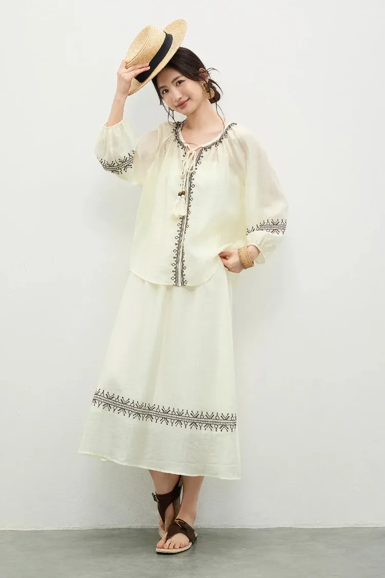 SENTUBILA Damen-Boho-Zweiteiler, Vintage-Stickerei, Quasten, loser Schnitt, Bluse mit elastischem Bund, A-Linien-Midirock, 162ZK5392 – Detail 15
