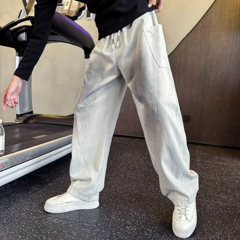 

Новые мужские повседневные джинсы с широкими штанинами 2025 года, осенние, модные, с комбинированными вставками, из смесового хлопка и полиэстера, прямые брюки-трубы