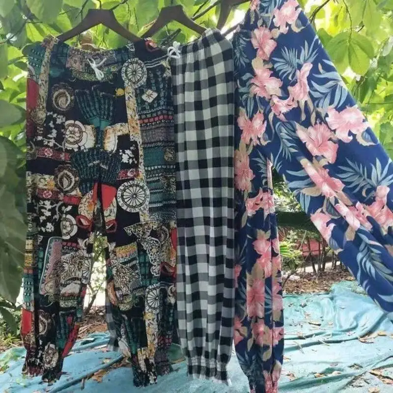 Women Harem Pants 2025 Summer Casual Vintage Printed Beach Pants Elastic High Waist  Fashion Loose Female Cropped Trousers