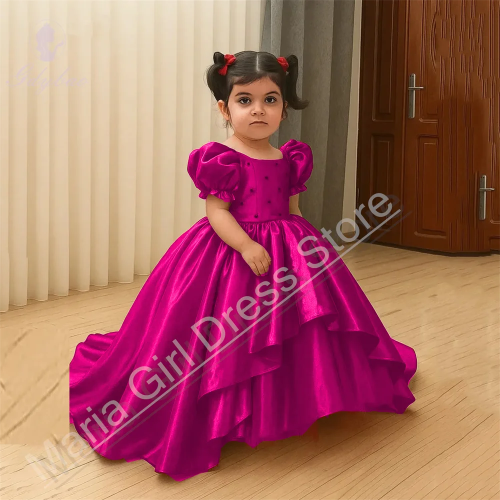 

Розово-красные платья с цветочным узором для девочек, свадебное пышное платье с короткими рукавами для торжественных случаев, детское платье для святого причастия, дня рождения