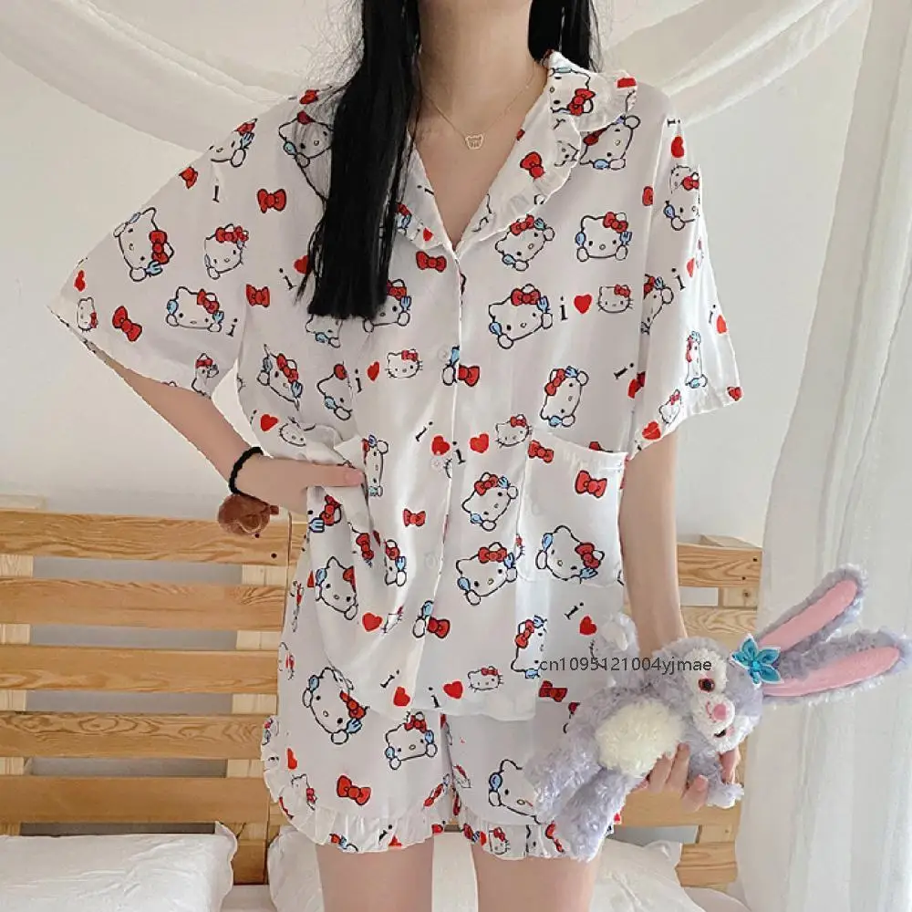 

Cute Summer New Women's Pajamas Short Sleeve Shorts 2Pcs Girls Pajamas Silk Pajamas Student Fashion Casual Clothes Loungewear