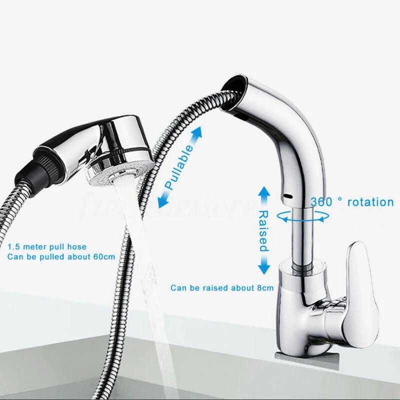 60cm Brushed Nickel Mixer Faucet Single Hole Pull Out Spout Kitchen Sink Tap Stream Sprayer Head Kitchen Tap Sprinkler+Hose