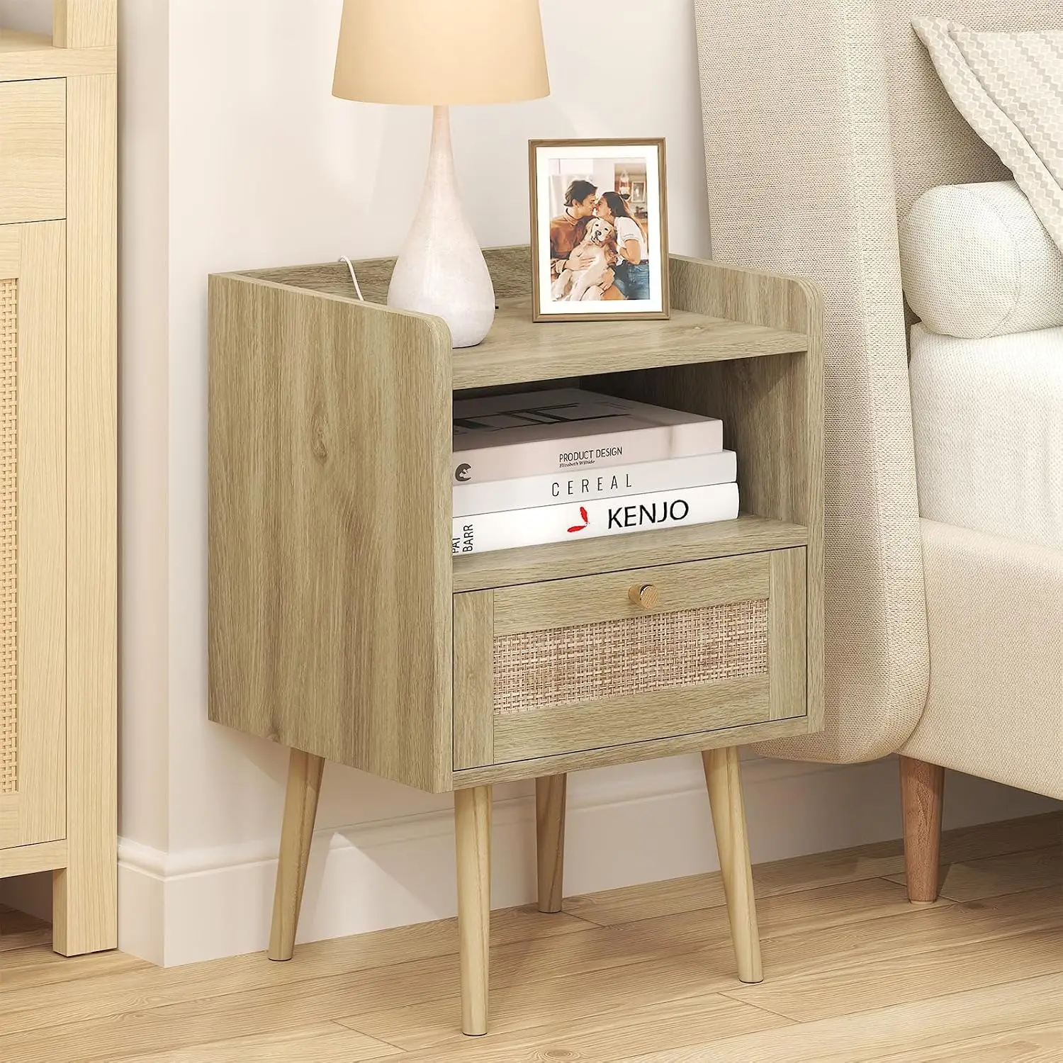 Night Stand Set 2, Nightstands Set of 2 with Charging Station, Rattan Side Tables with Solid Wood Legs, Boho Bedside End Table