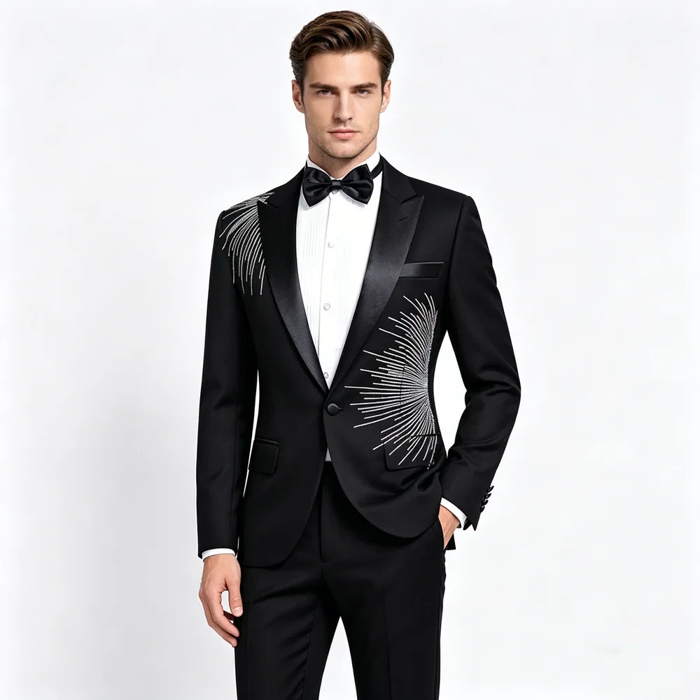 

Мужской черный деловой костюм-двойка с пайетками: приталенный пиджак и брюки для певцов, хористов, ведущих, на вечерние мероприятия, банкеты, для шаферов