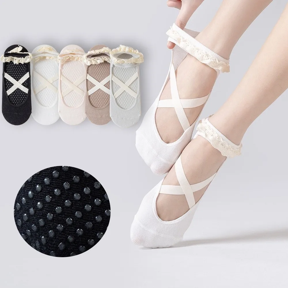 New Non Slip Yoga Socks Cross Strap Lace Trim Pilates Socks Breathable Elastic Grip Socks Pilates Training