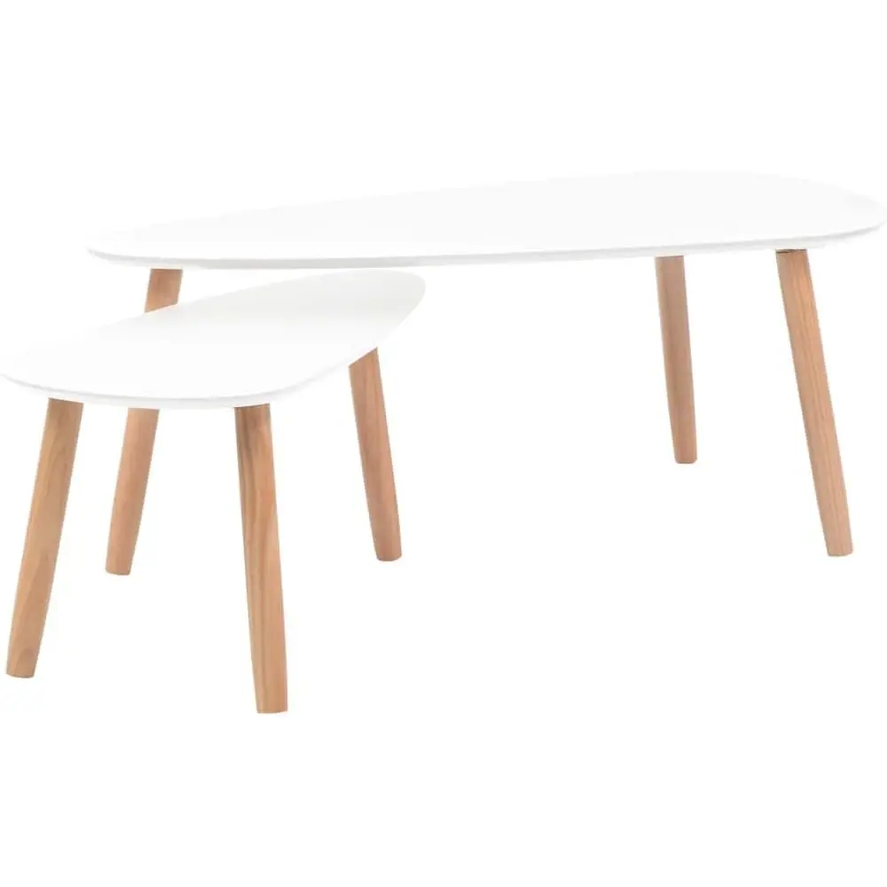 

2-Piece Coffee Table Set with Wooden Legs, Scandinavian Style, White Solid Pine Accent Side Tables for Living Room or Bedroom