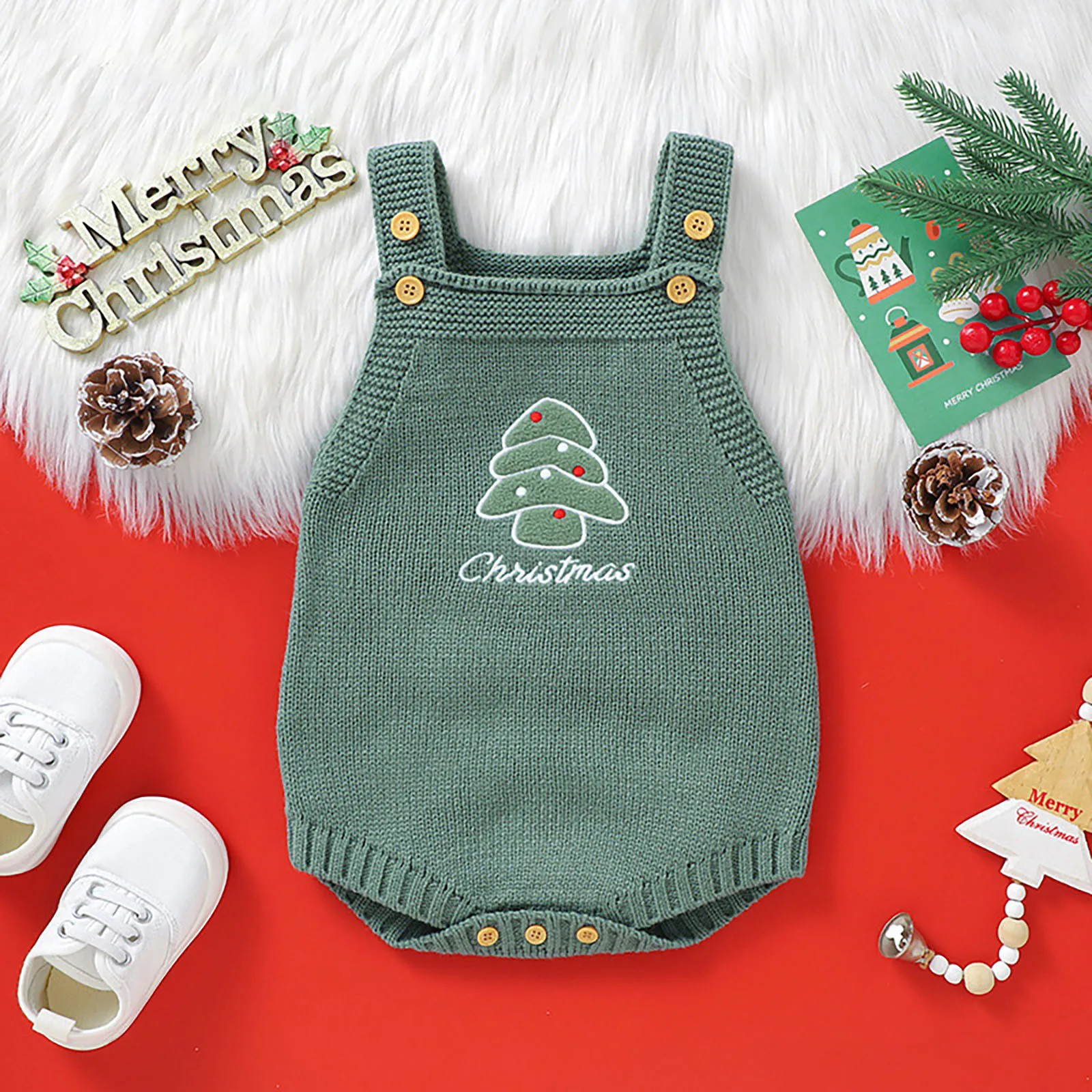 1-18M Christmas Baby Boy Girl Romper Newborn Infant Sleeveless Tree Santa Embroidery Knit Overall Jumpsuit Xmas Costumes