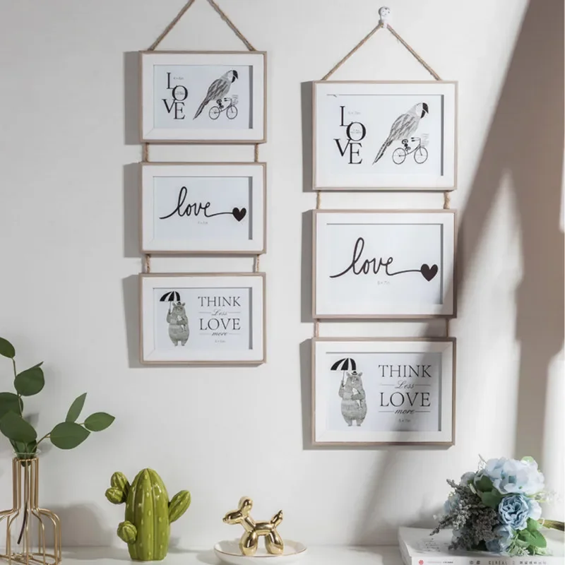 

6/7 Inch Photo Frame Wall Hanging Picture Holder Three Wooden Connected Combination Clips Decorative Paper Nail for Living Room